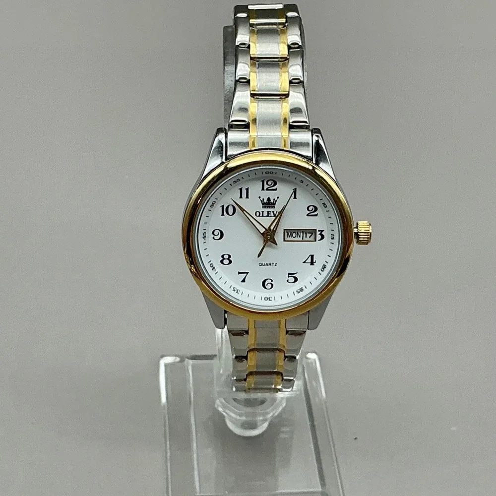 OLEVS Watch Women's Two Tone Stainless Steel Day Date Quartz 30mm NEW BATTERY